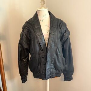 Vintage Black Leather Bomber Jacket